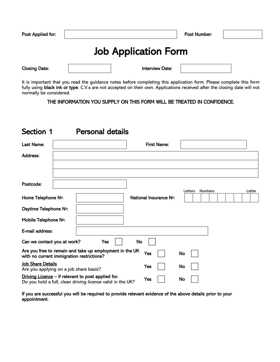 Printable Job Application Form Template 01