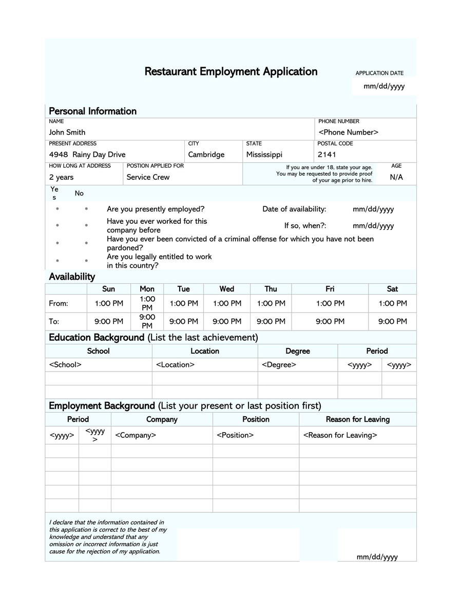 Printable Job Application Form Template 11