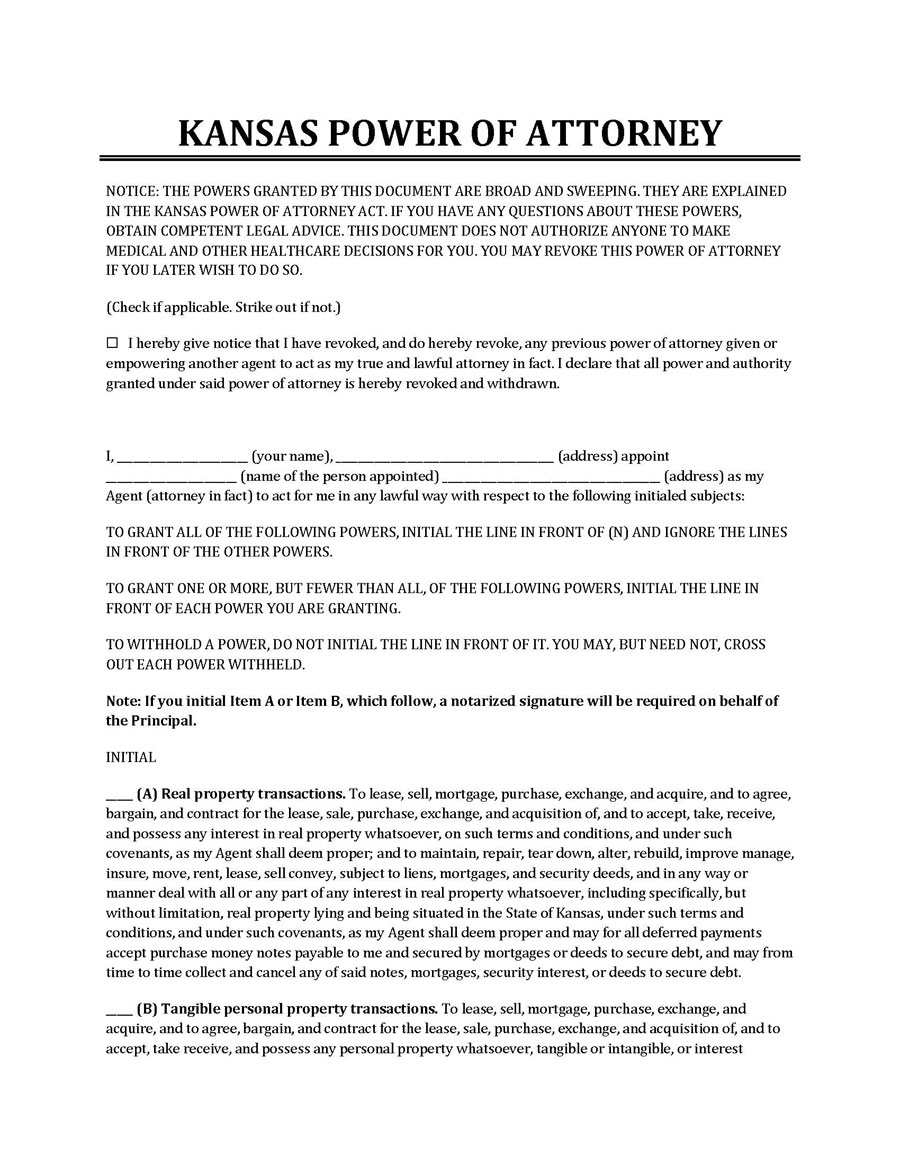 Free Printable Kansas Power of Attorney Template as Word Document