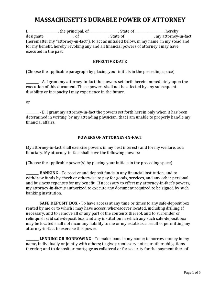 Free Editable Massachusetts Durable Power of Attorney Template for Word Document