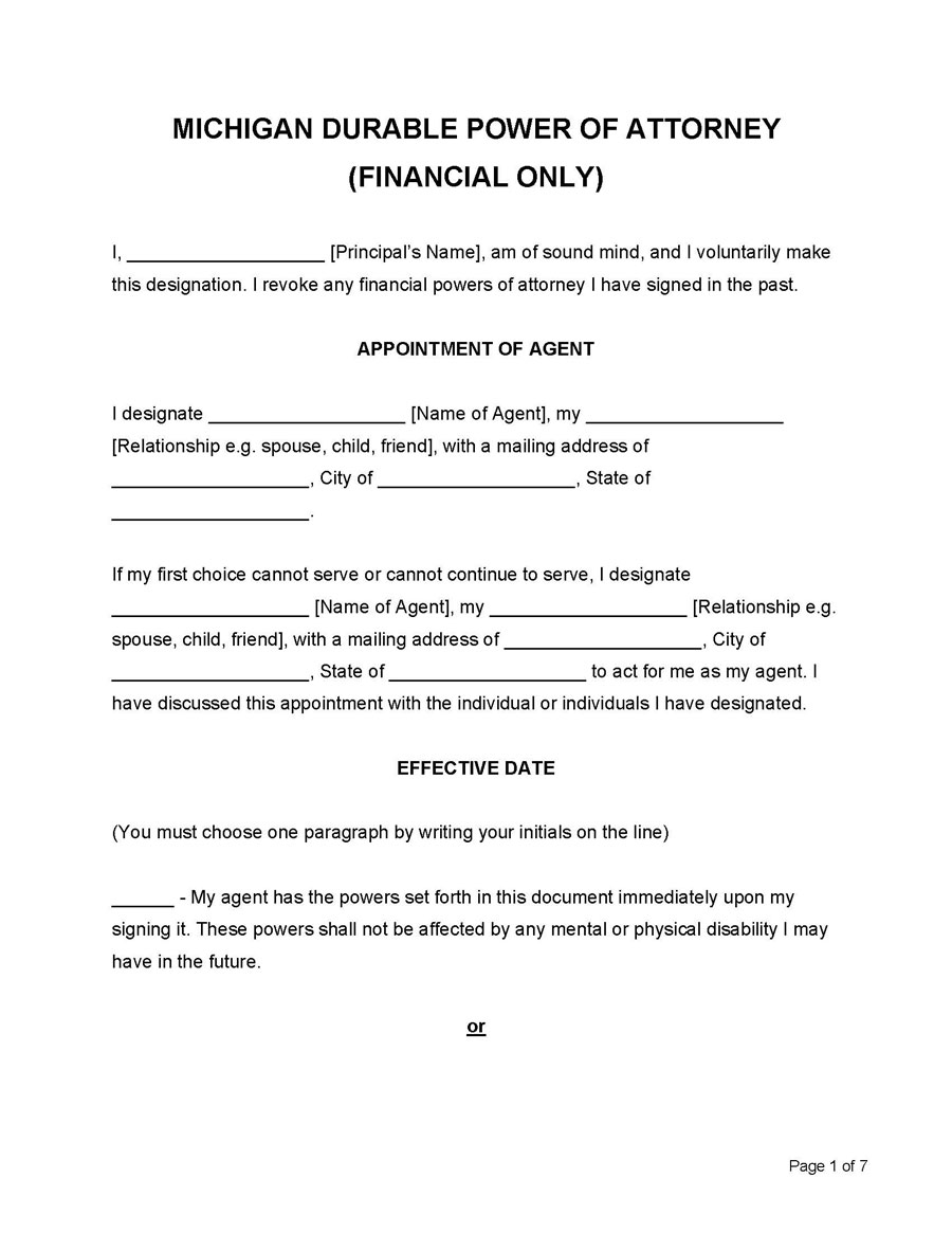 Free durable michigan power of attorney template