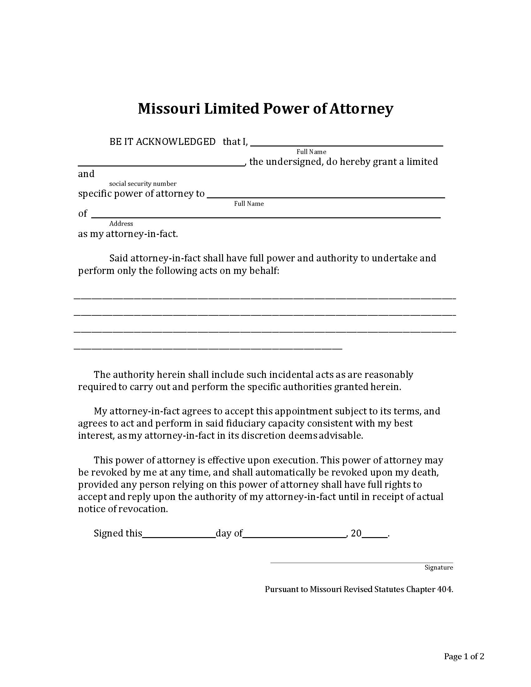 Free Downloadable Missouri Limited Power of Attorney Form as Word Format