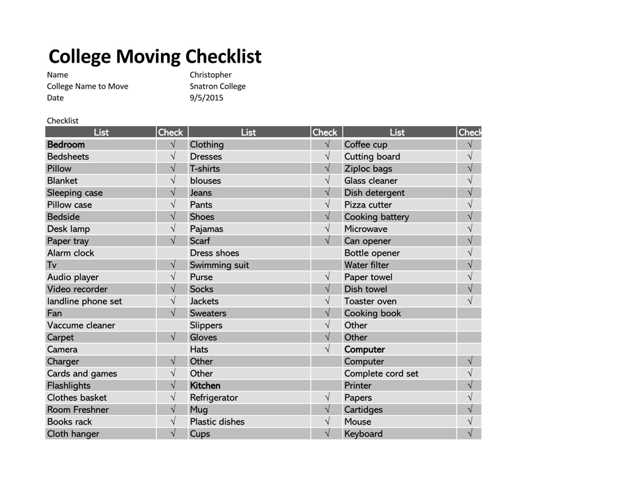 College Moving Checklist