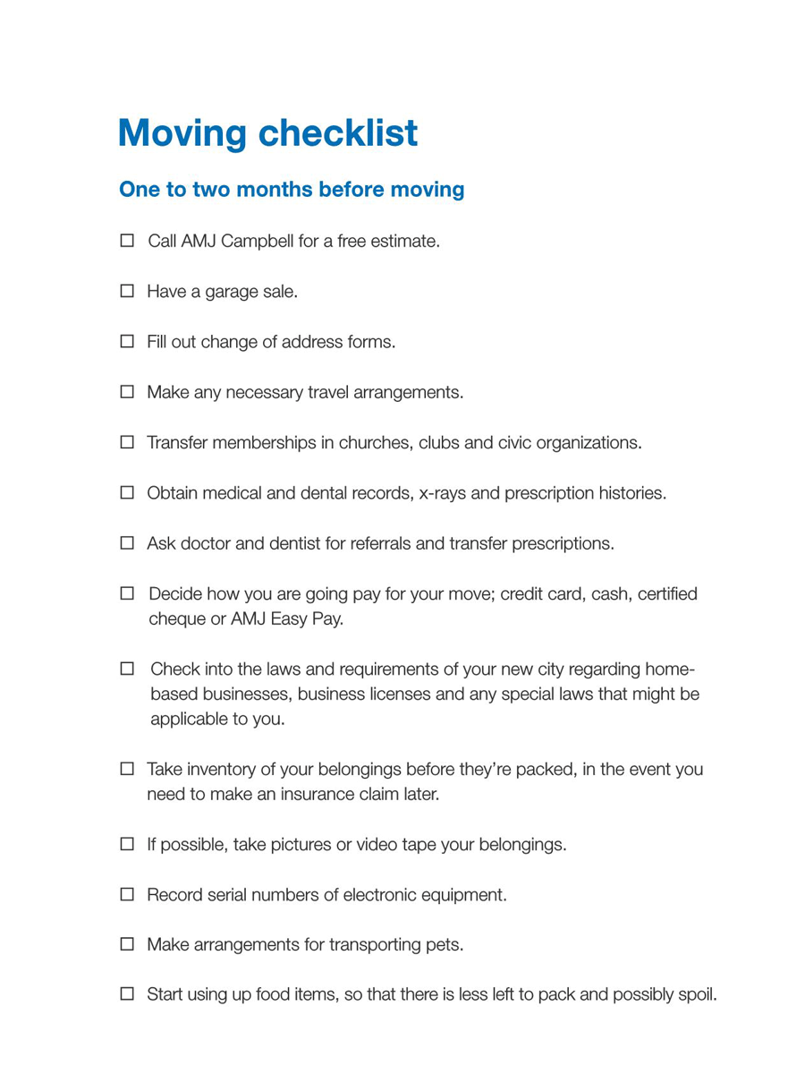 Moving Checklist Before 2 Months