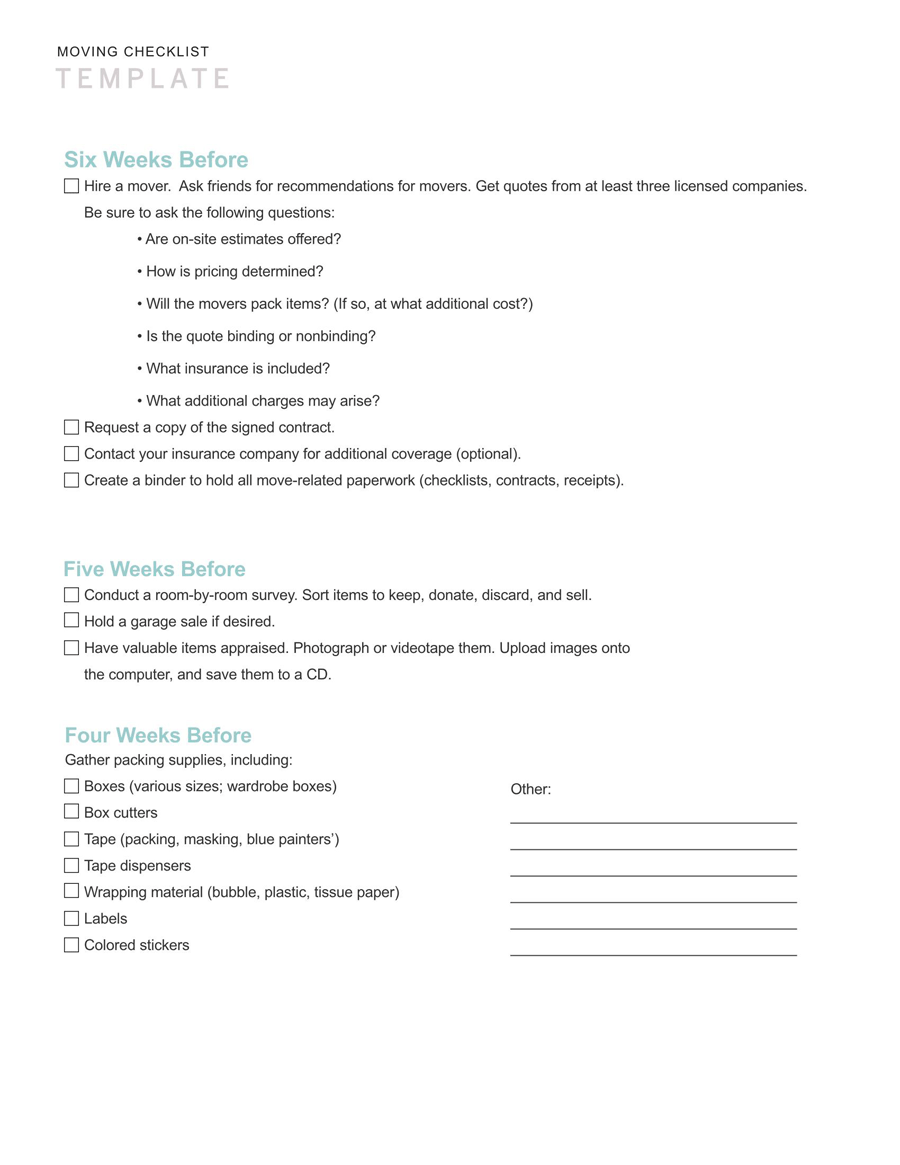 Moving Checklist Template Before 6 Weeks