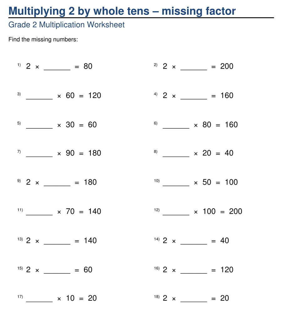 Whole Number Multiplication Worksheet for Grade 2