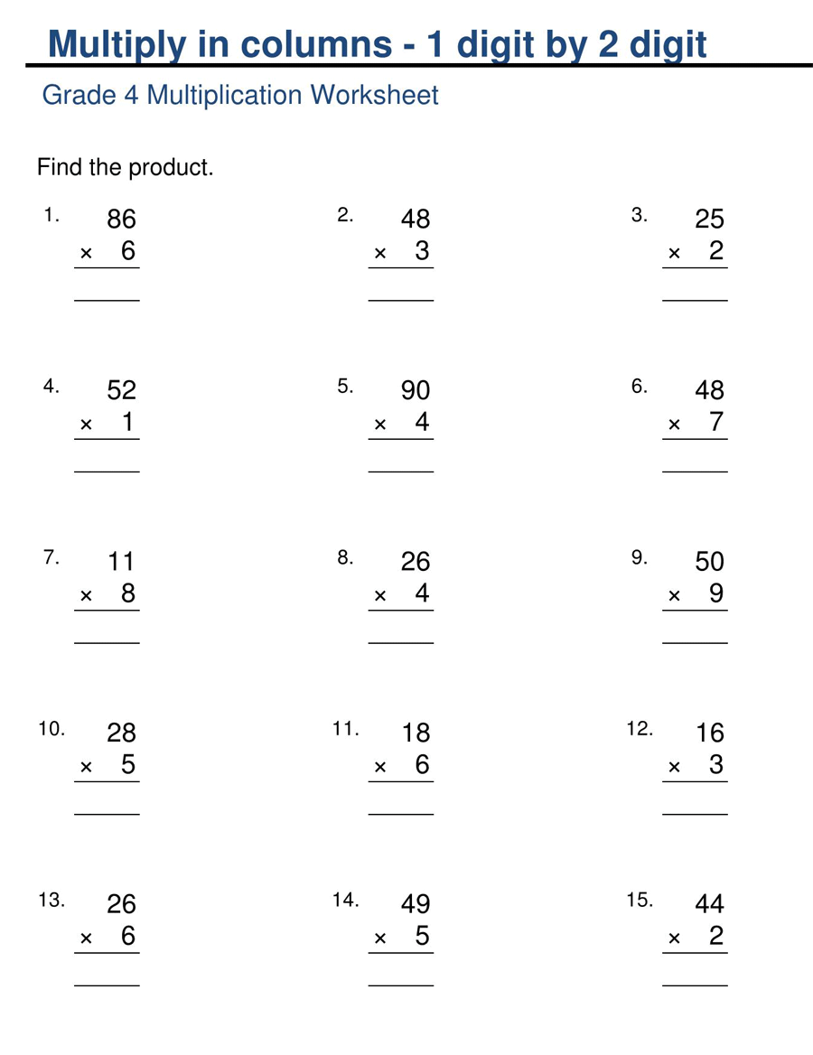 1 by 2 Digits Multiplication Sheet Grade 4
