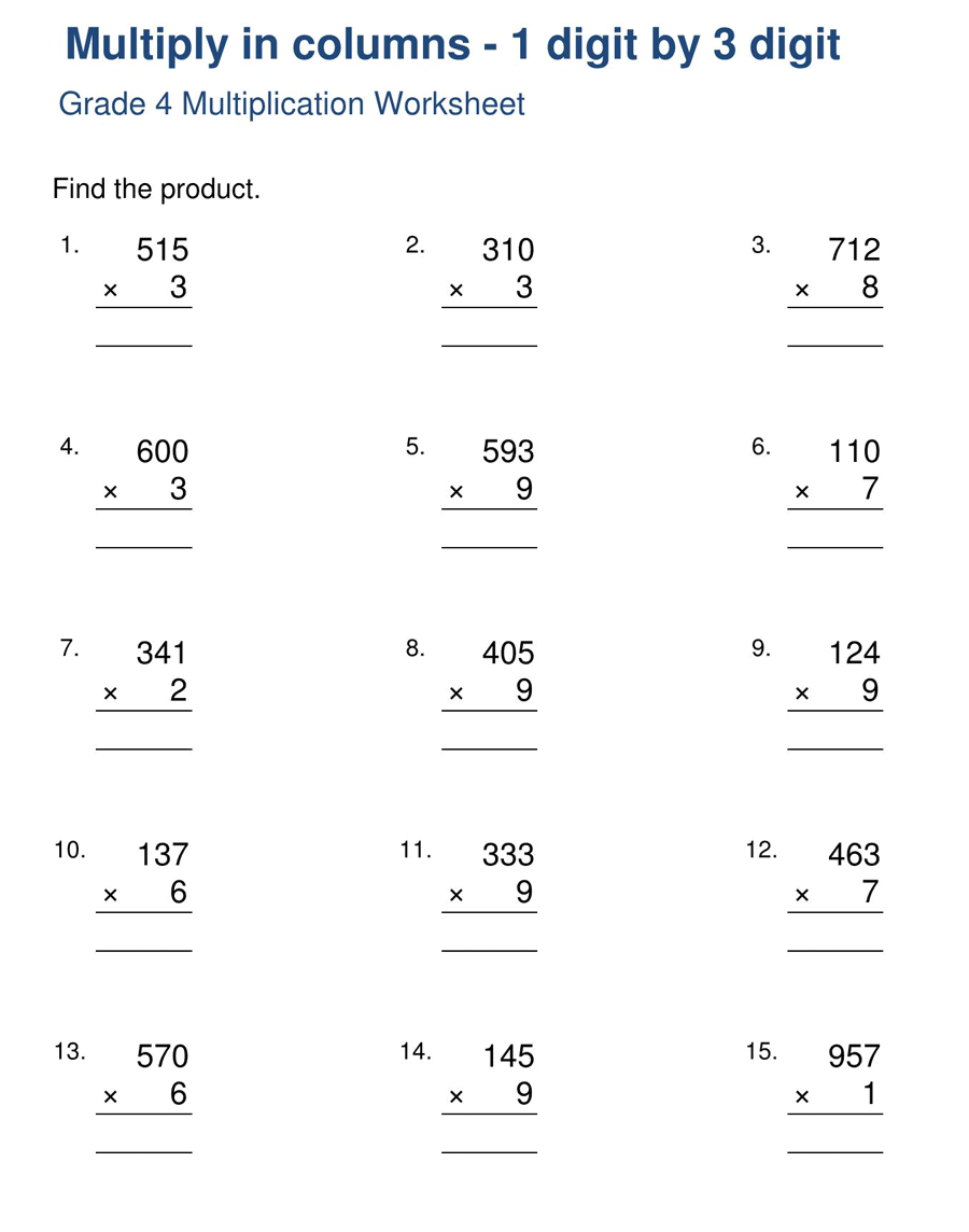 Grade 4 Multiplication in Column Sheet