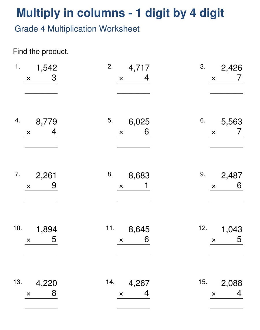 1 by 4 Digit Multiplication Grade 4