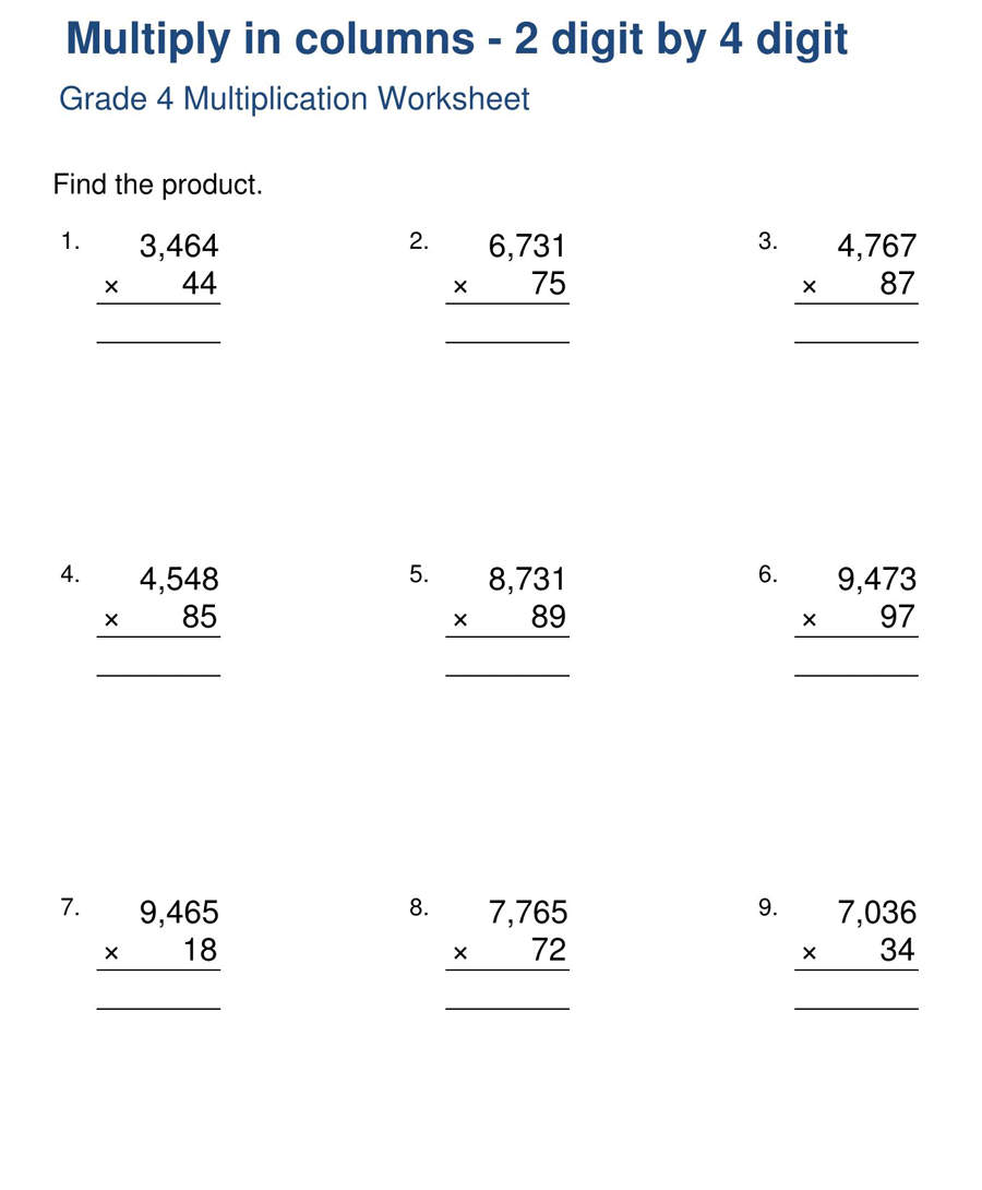 2 by 4 Digits Multiplication Sheet