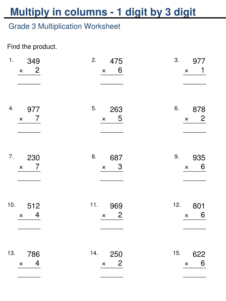 1 by 3 Digit Multiplication Worksheet