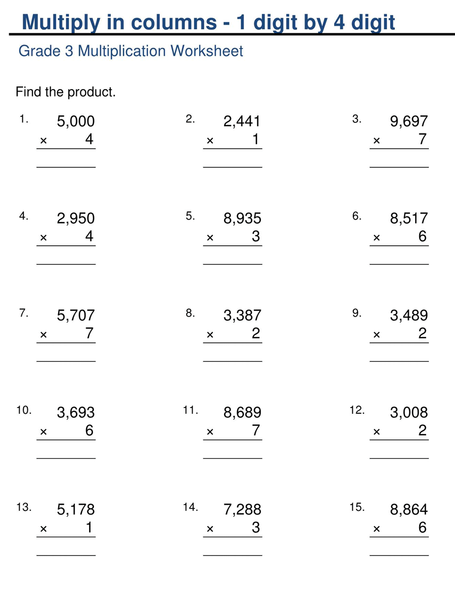 1 by 4 Digit Multiplication Grade 3