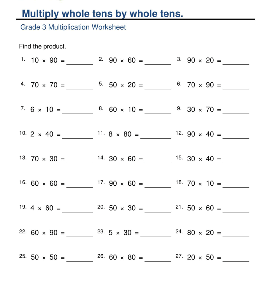 Grade 3 Whole Tens Multiplication
