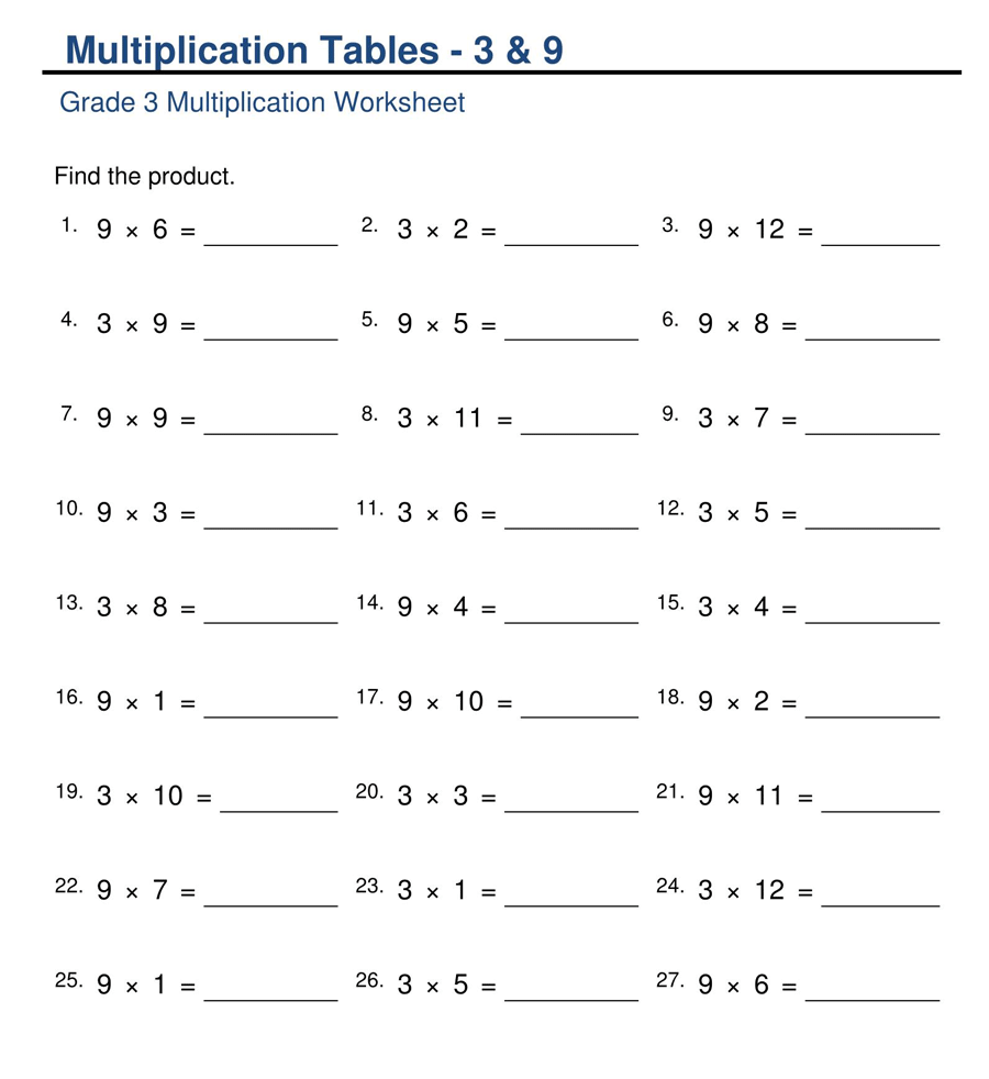 Table 3 to 9 Multiplication Worksheet Grade 3