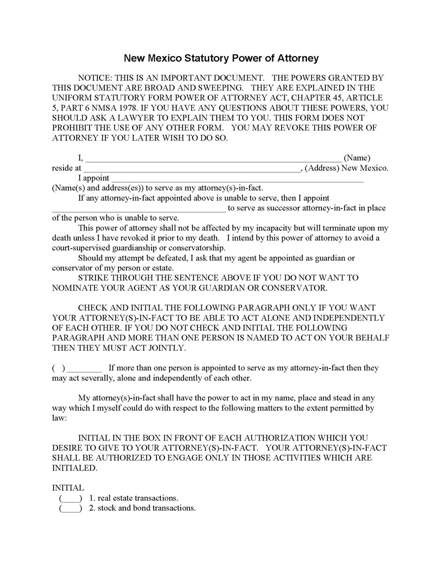Editable New Mexico Power of Attorney Sample