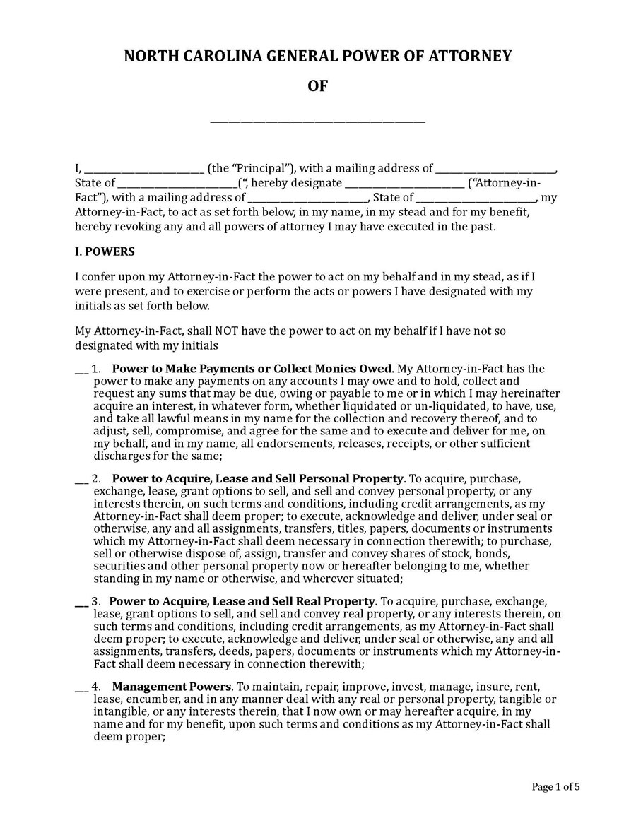 Free Comprehensive North Carolina General Power of Attorney Form as Word Format