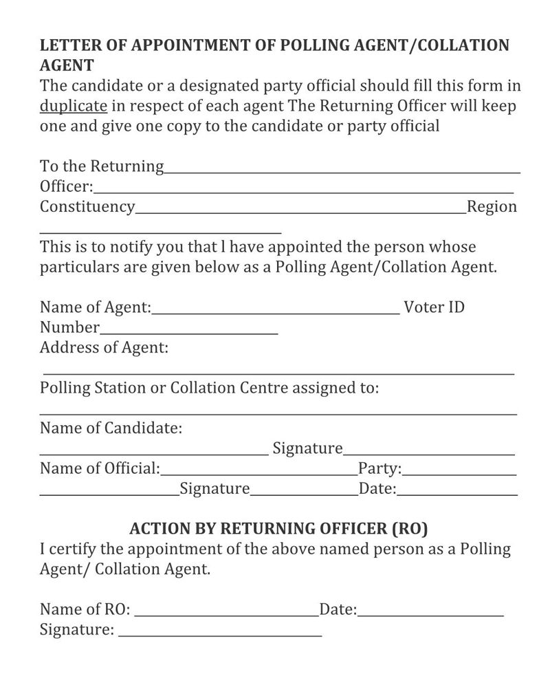 Polling Agent Appointment Letter Sample