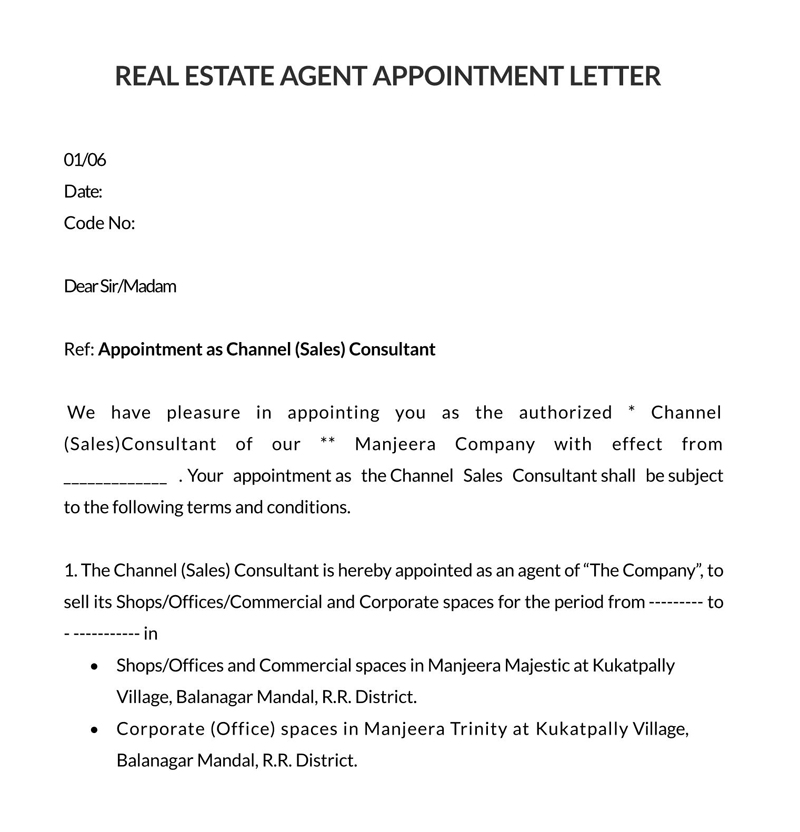 sample appointment letter for commission agent sales agent appointment letter