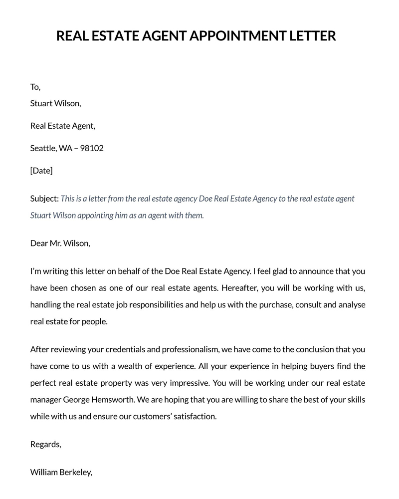 Real estate agent appointment letter sample