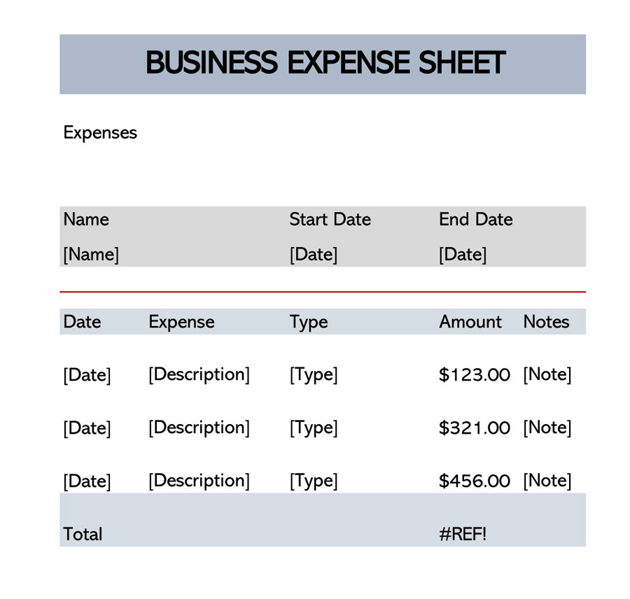 Template Business Expense Record Sheet