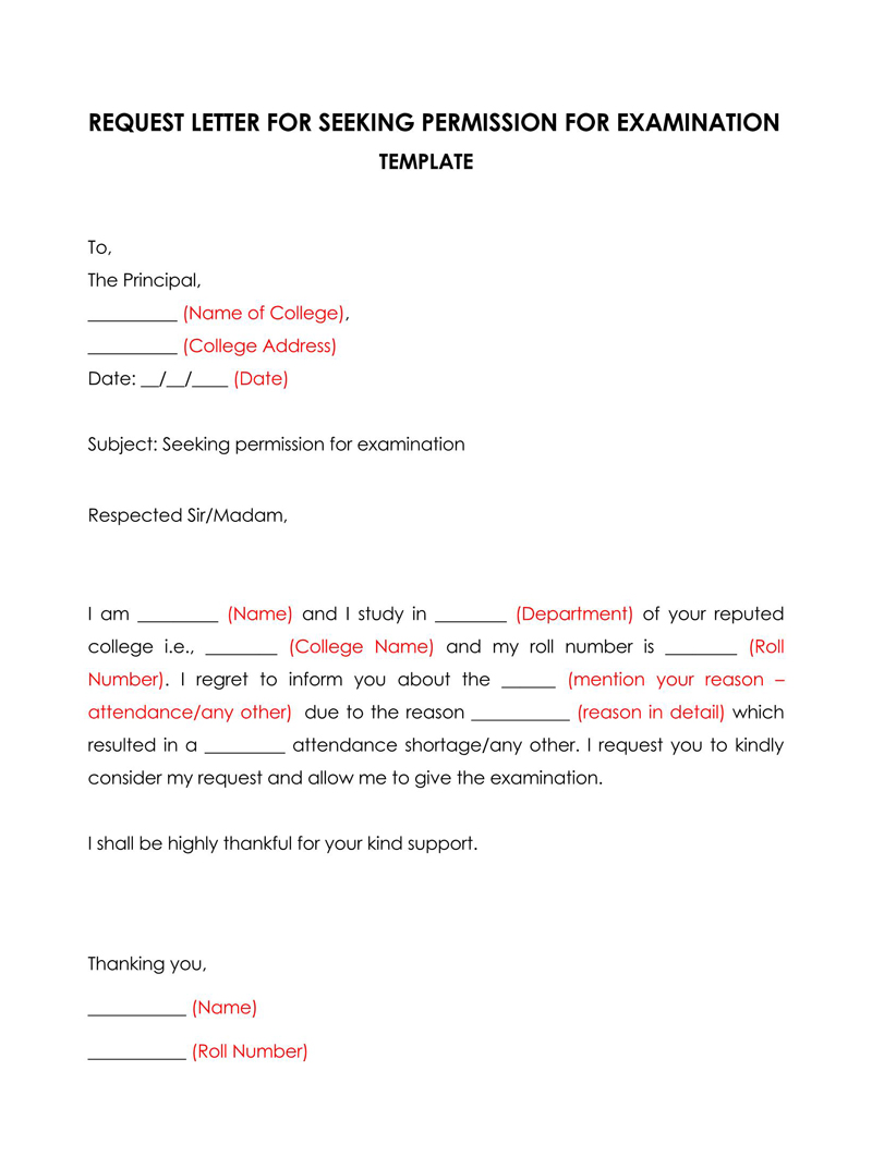 Free Permission Letter to Take the Exam Template