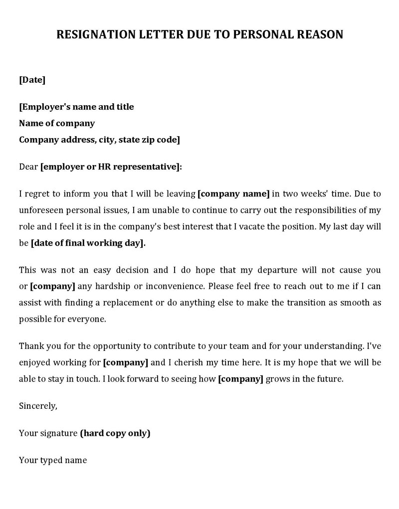 sample resignation letter due to personal reasons doc