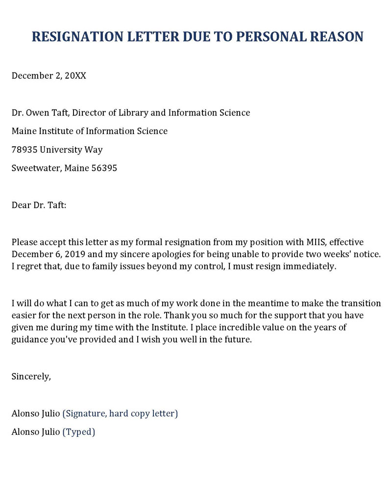 Editable resignation letter due to personal reason form