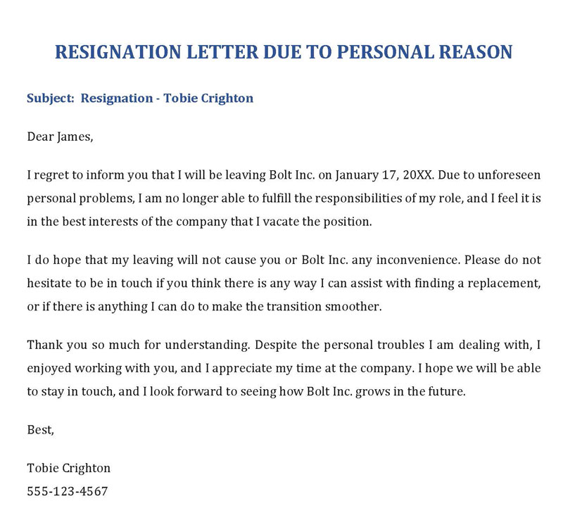 Resignation letter due to personal reason - Free Template