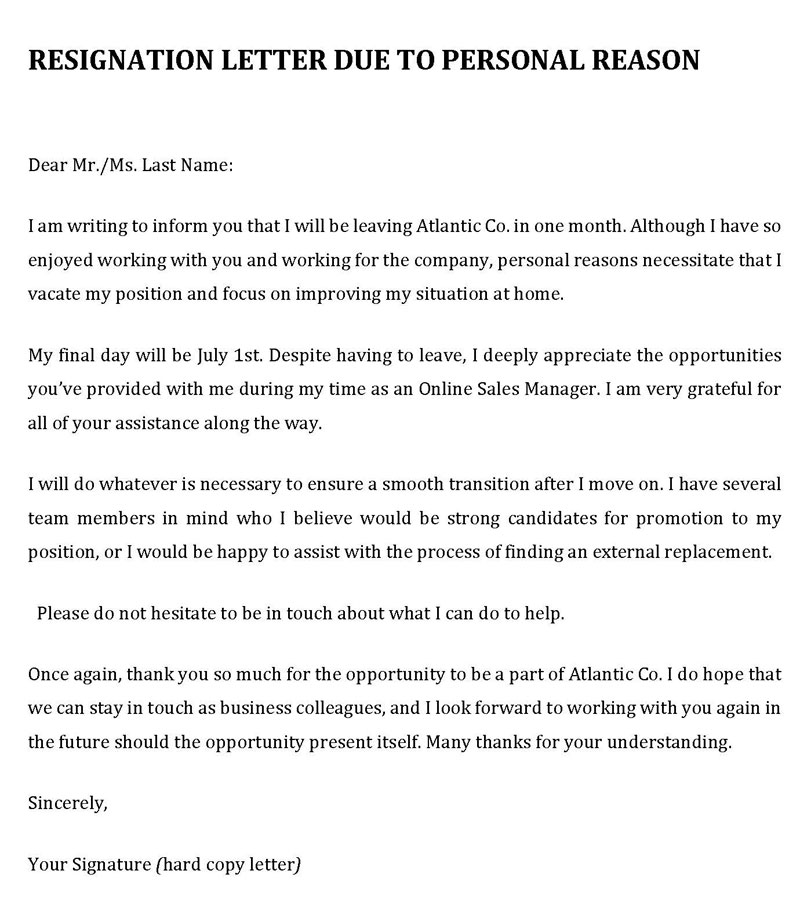 Resignation letter due to personal reason - Editable Form