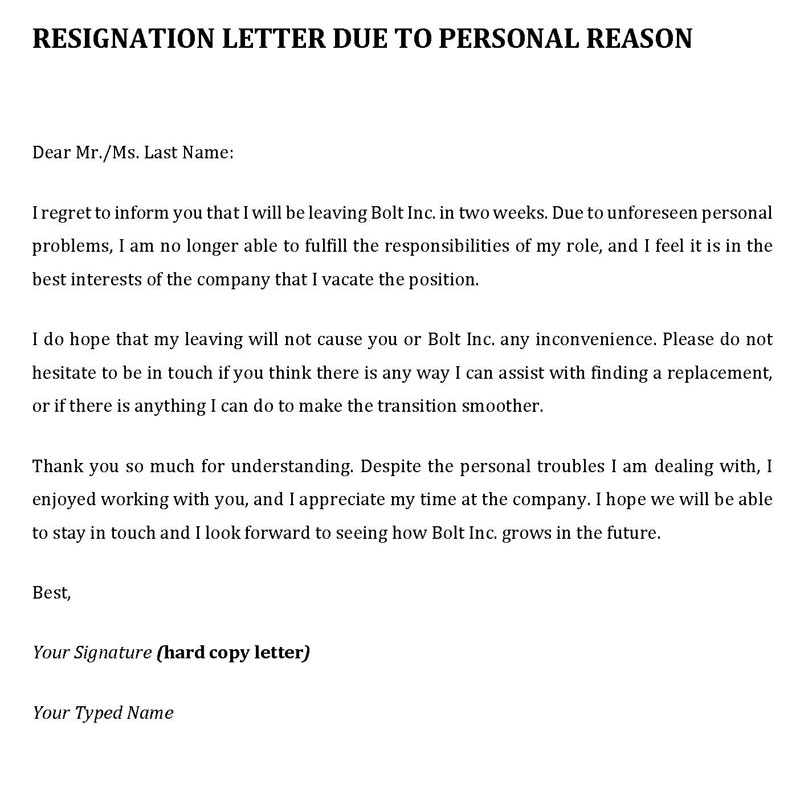 Resignation letter due to personal reason - Printable Example