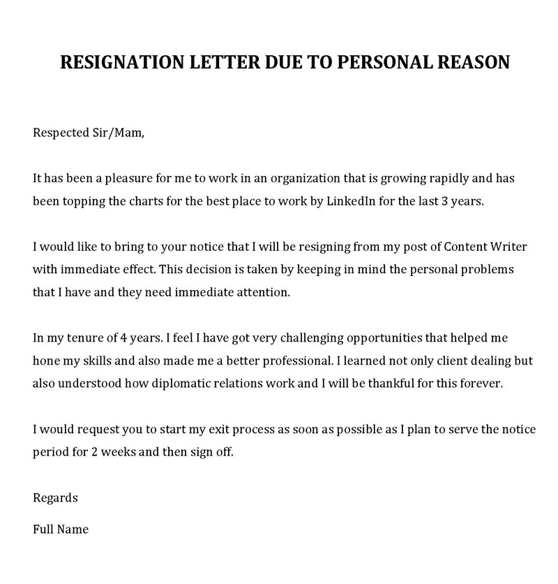 Resignation letter due to personal reason - Printable Sample