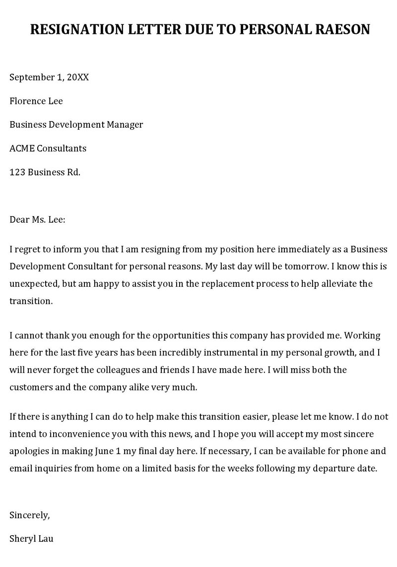 Resignation letter due to personal reason - Free Editable Form