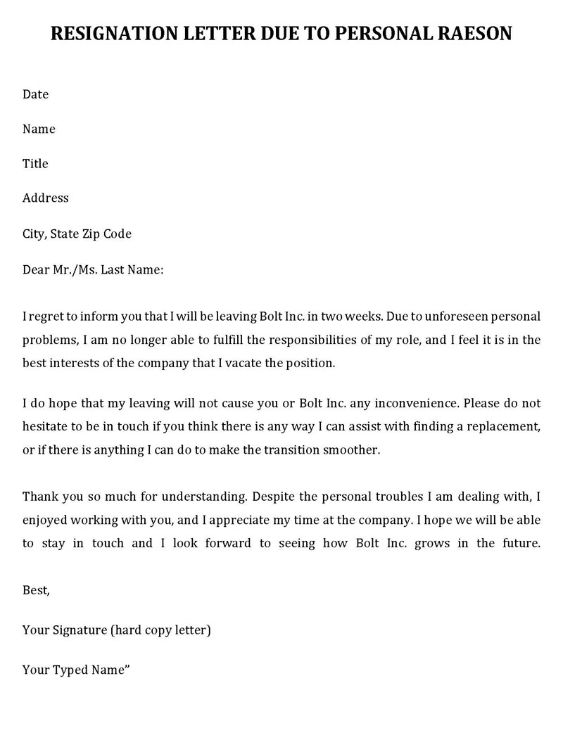 Resignation letter due to personal reason - PDF Template