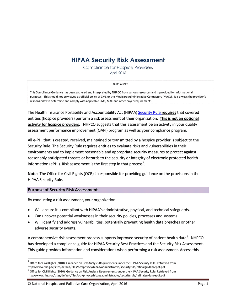 Free Editable HIPAA Security Risk Assessment Example 01 in Pdf Format
