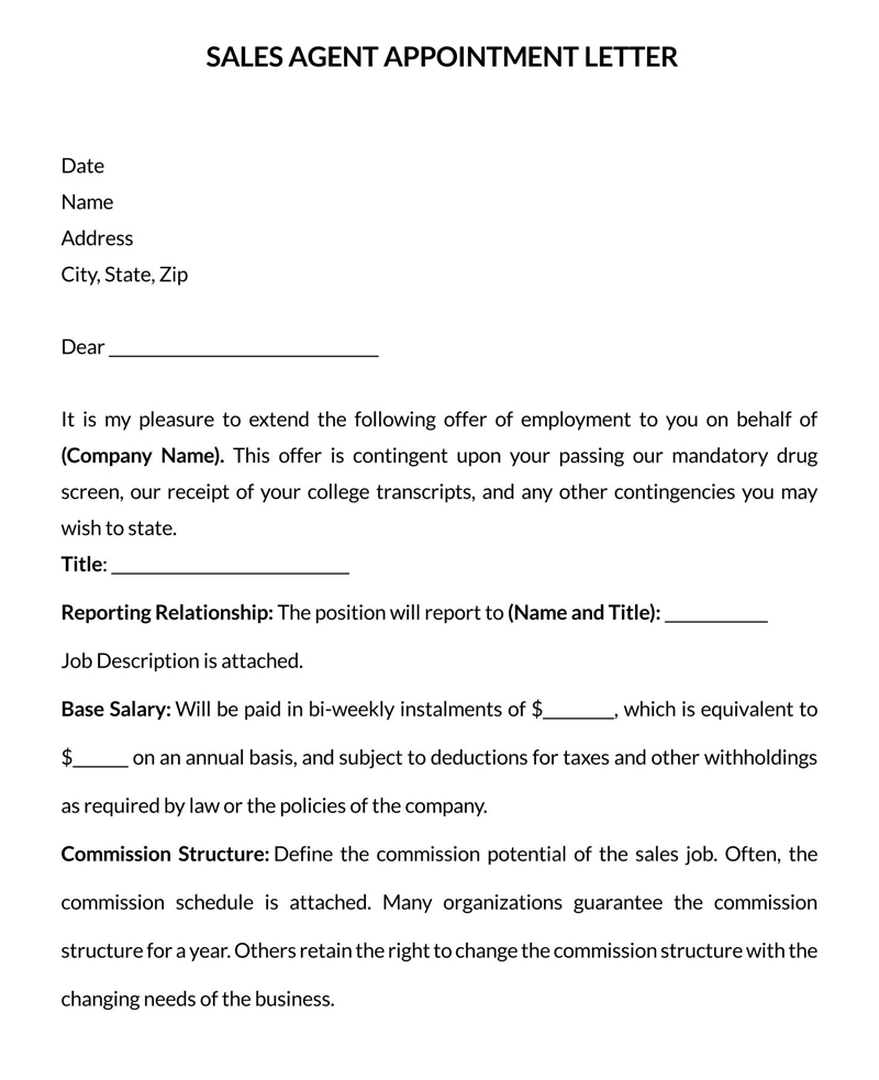 sample appointment letter for commission agent