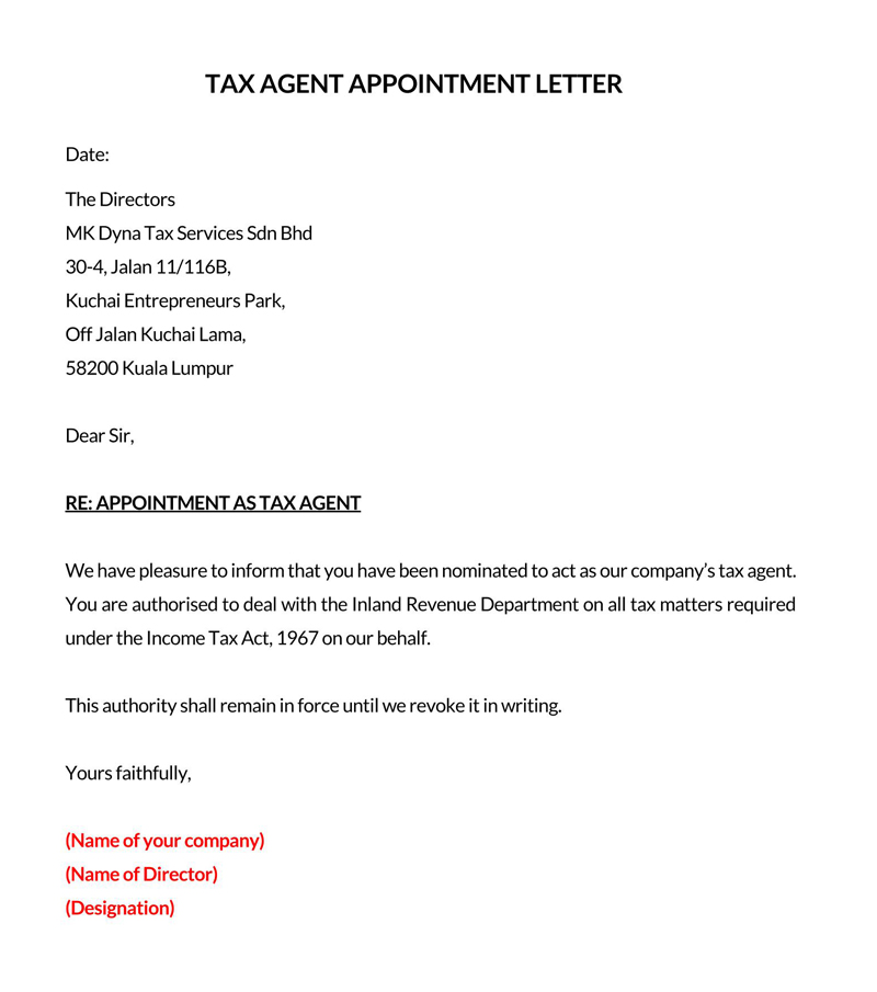 Tax agent appointment letter