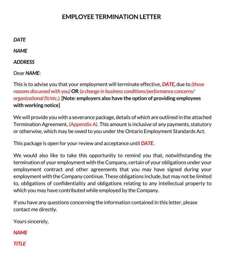 Termination Letter Example Sample Format