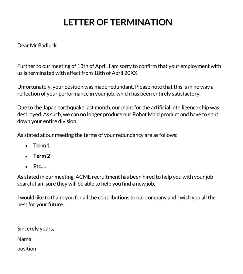 Free Sample Termination Letter Template