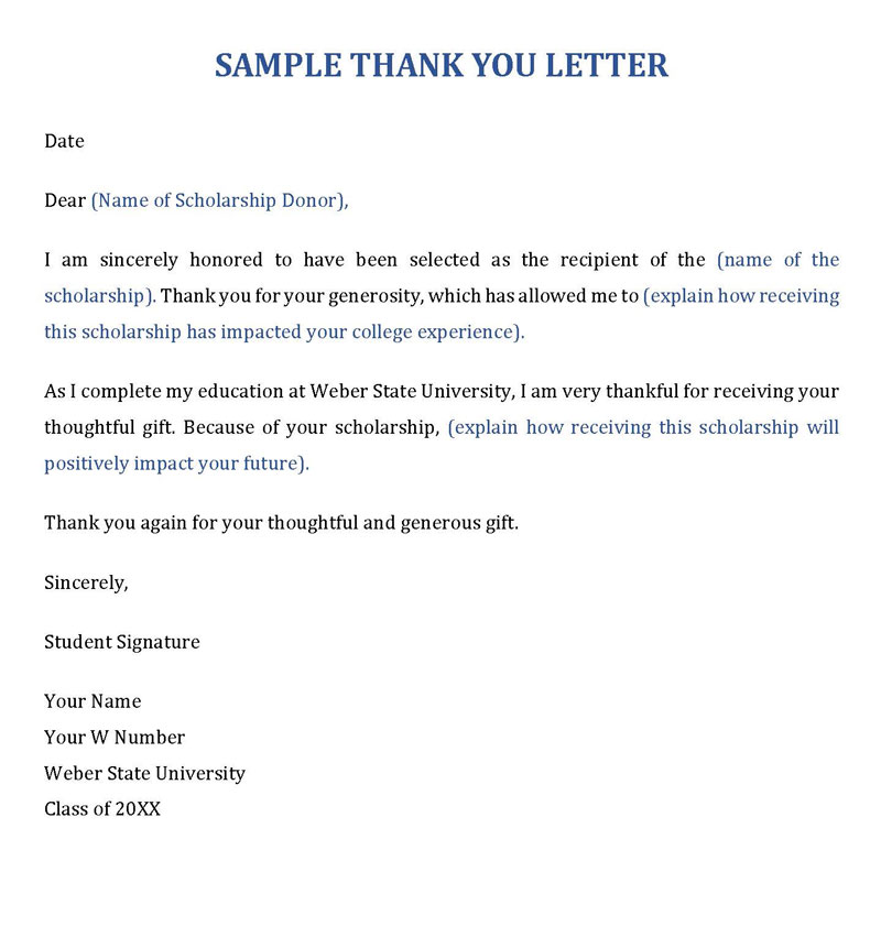 Printable Scholarship Thank You Letter Sample 03 for Word File
