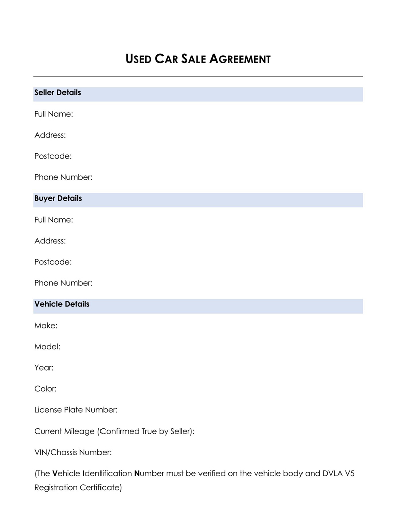 Free Editable Used Car Purchase Agreement Template for Word File