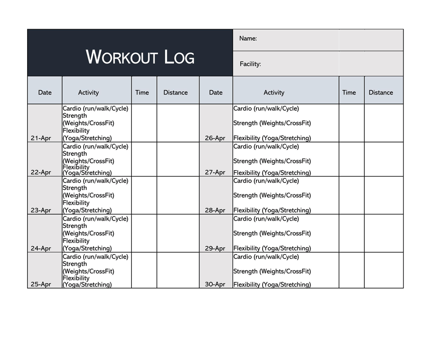Free Blank Workout Log Sheet 04