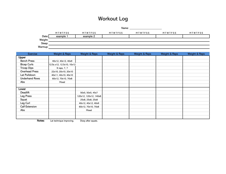 One and Half Month Workout Log Sheet