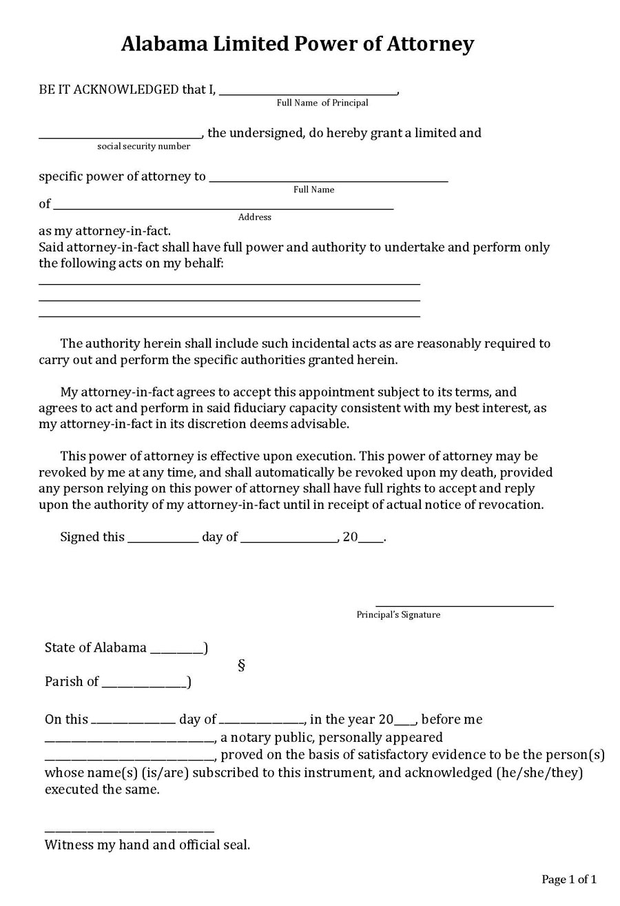 Limited Power of Attorney Form Alabama