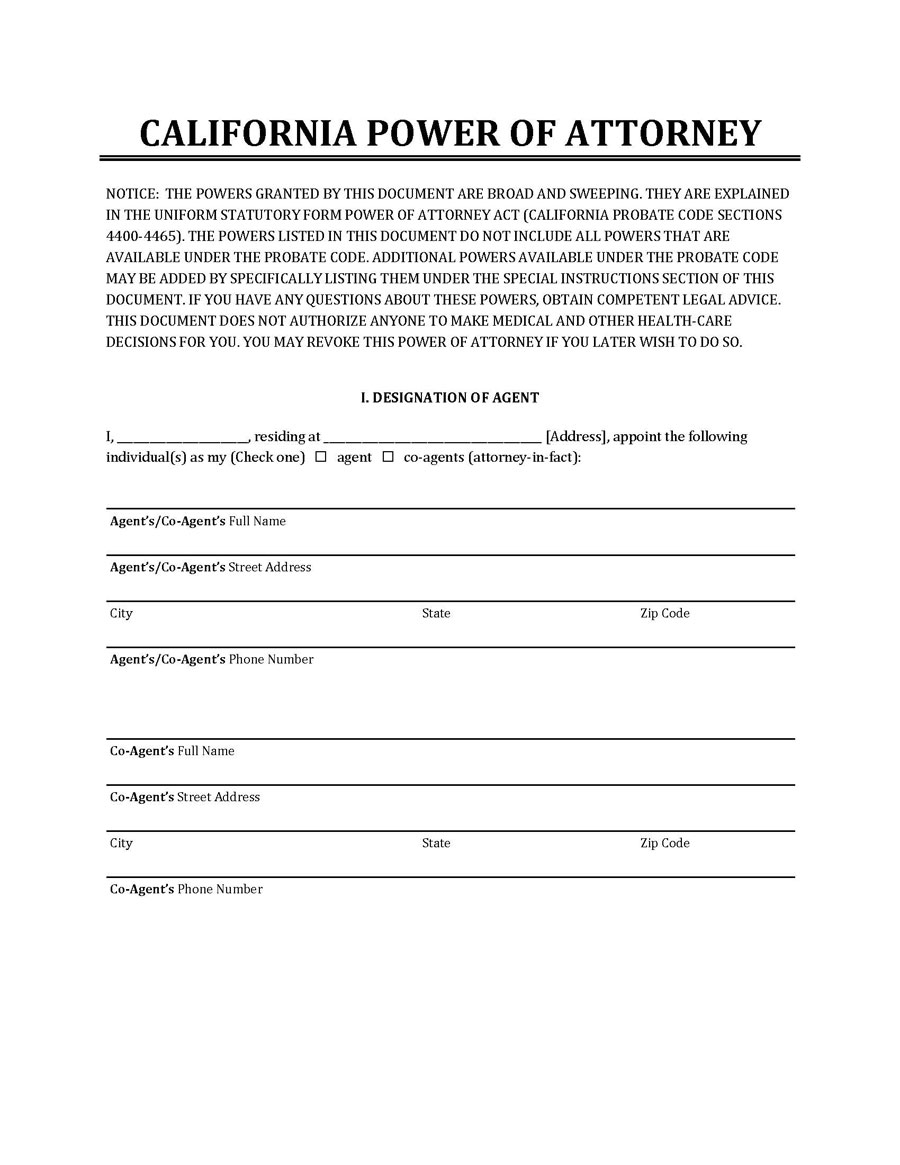 Sample California Power of Attorney PDF