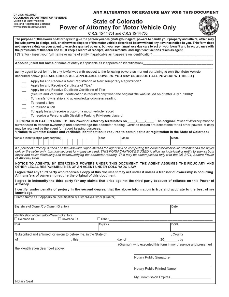Colorado Motor Vehicle Power of Attorney Form - Free Sample Download