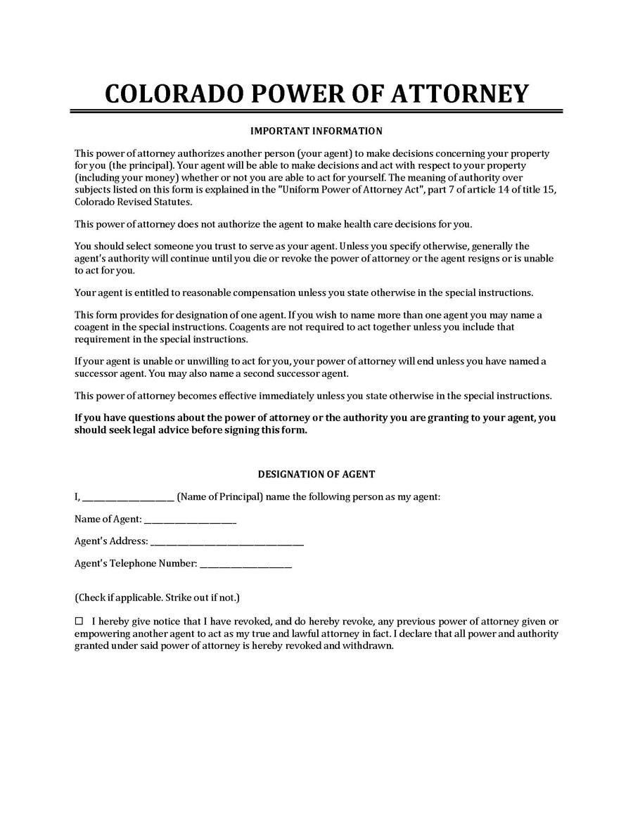 Printable Colorado Power of Attorney - Downloadable Example