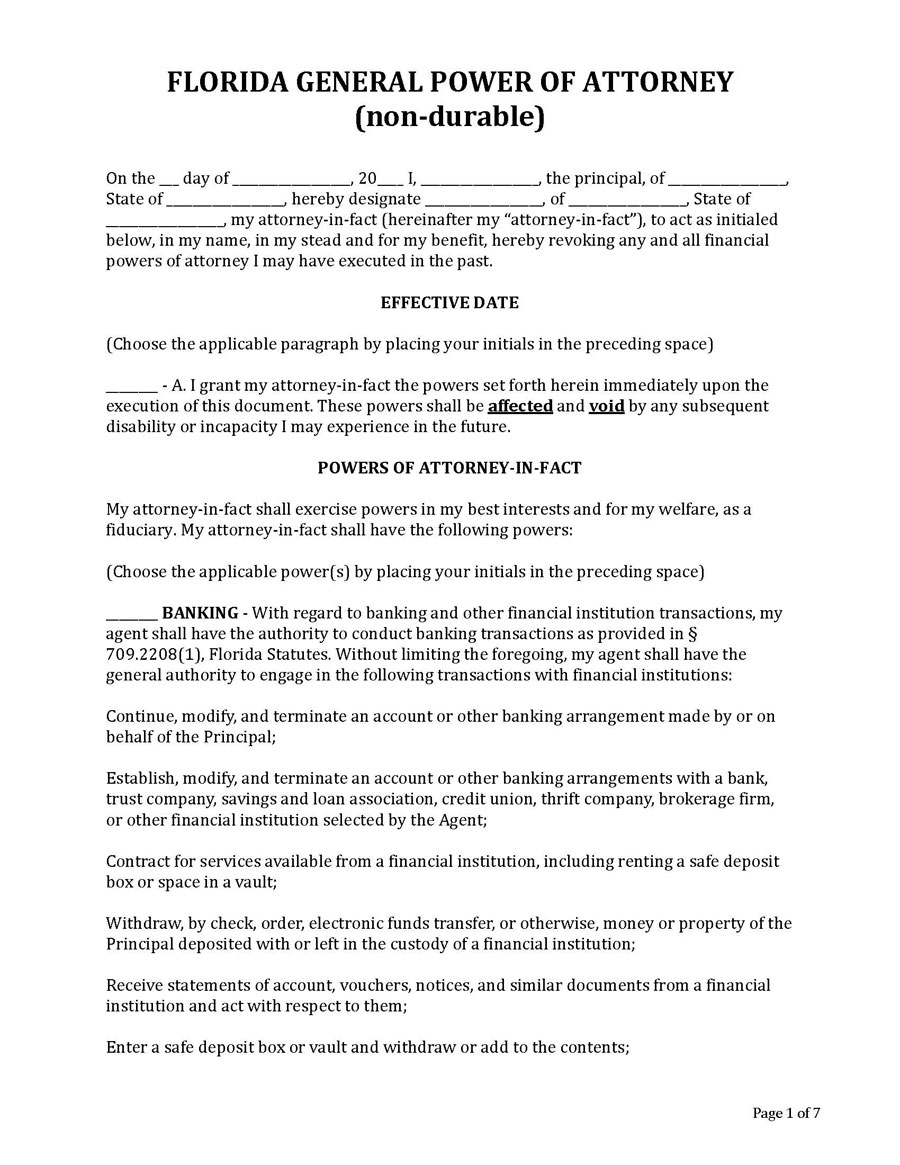 Printable General Power of Attorney Template in Florida