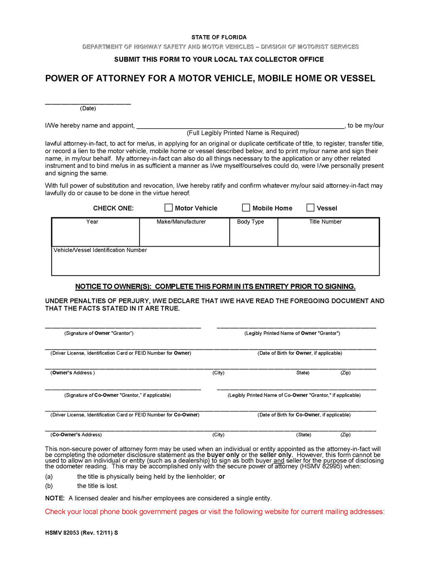 Free Vehicle Power of Attorney Template for Florida