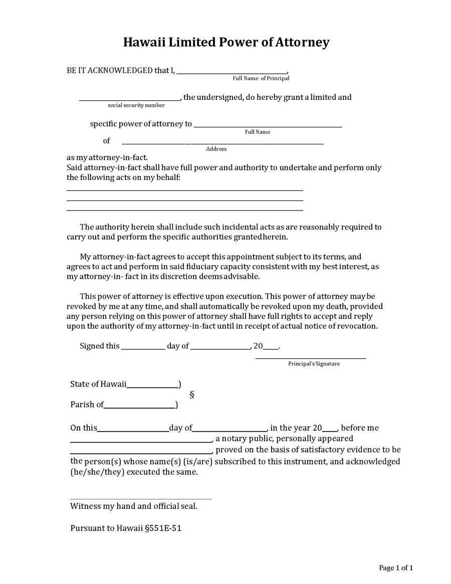 Hawaii Limited Power of Attorney Form - Sample Document