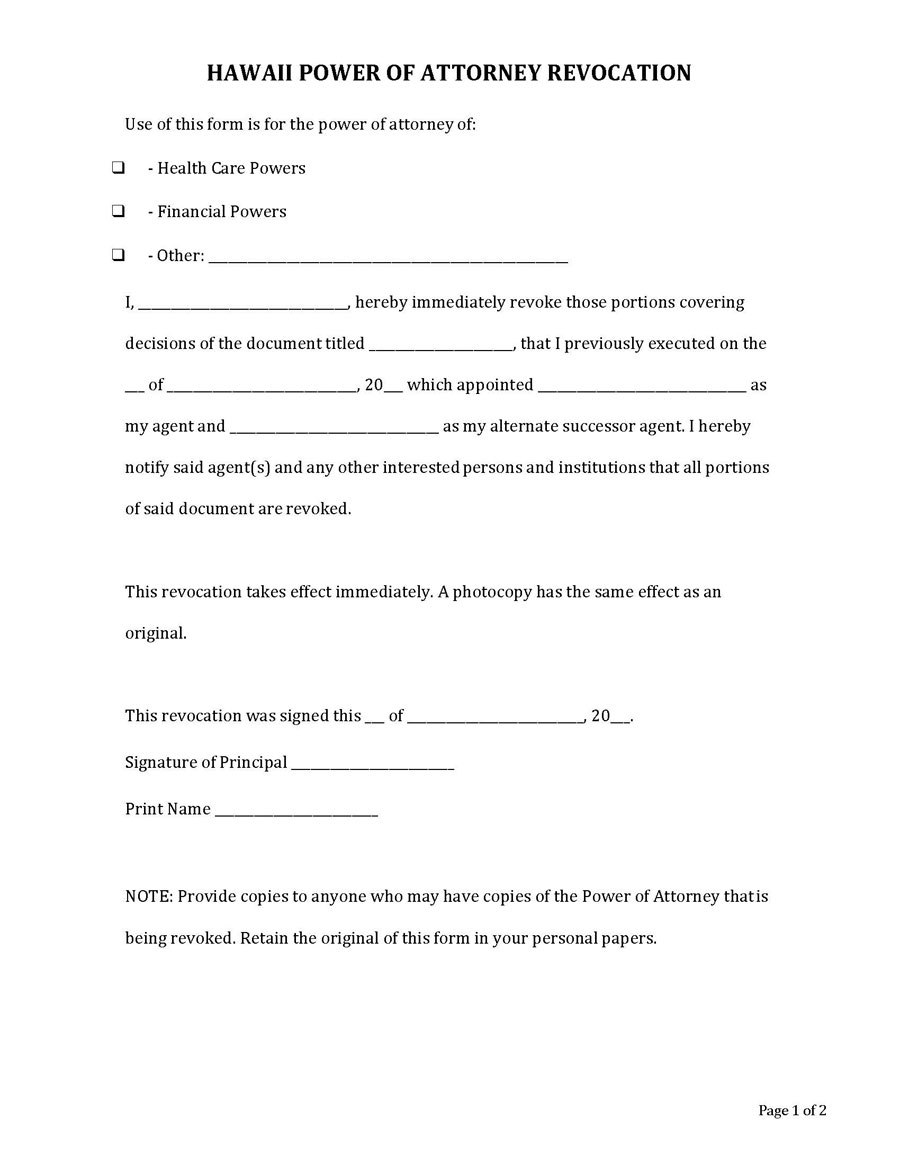Hawaii Revocation Power of Attorney Form - Free Printable Version